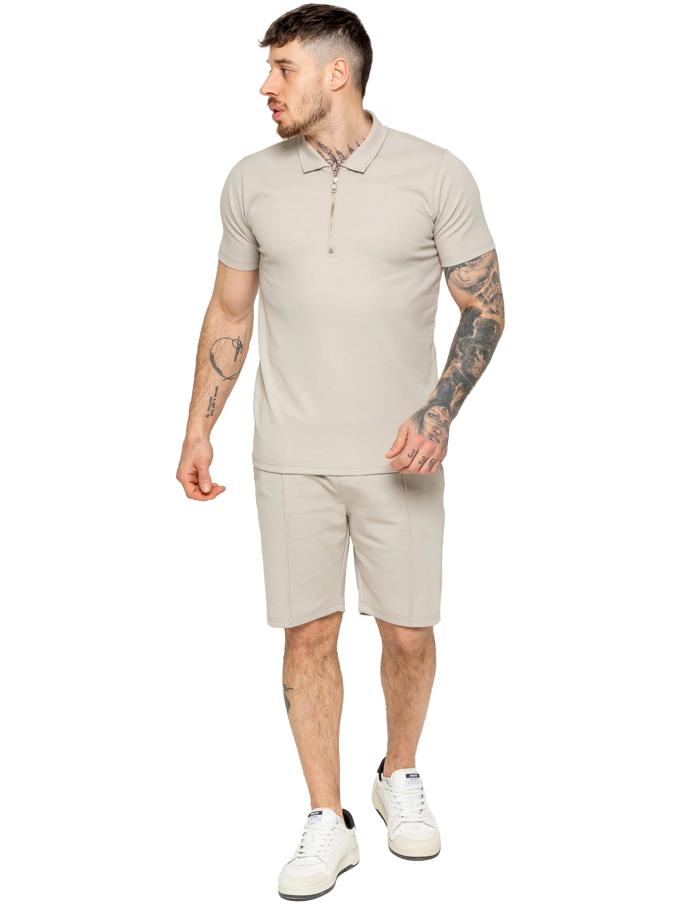 Muscle Fit Zip Polo Beige T-Shirt