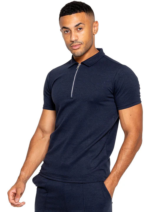 Muscle Fit Zip Polo Navy T-Shirt
