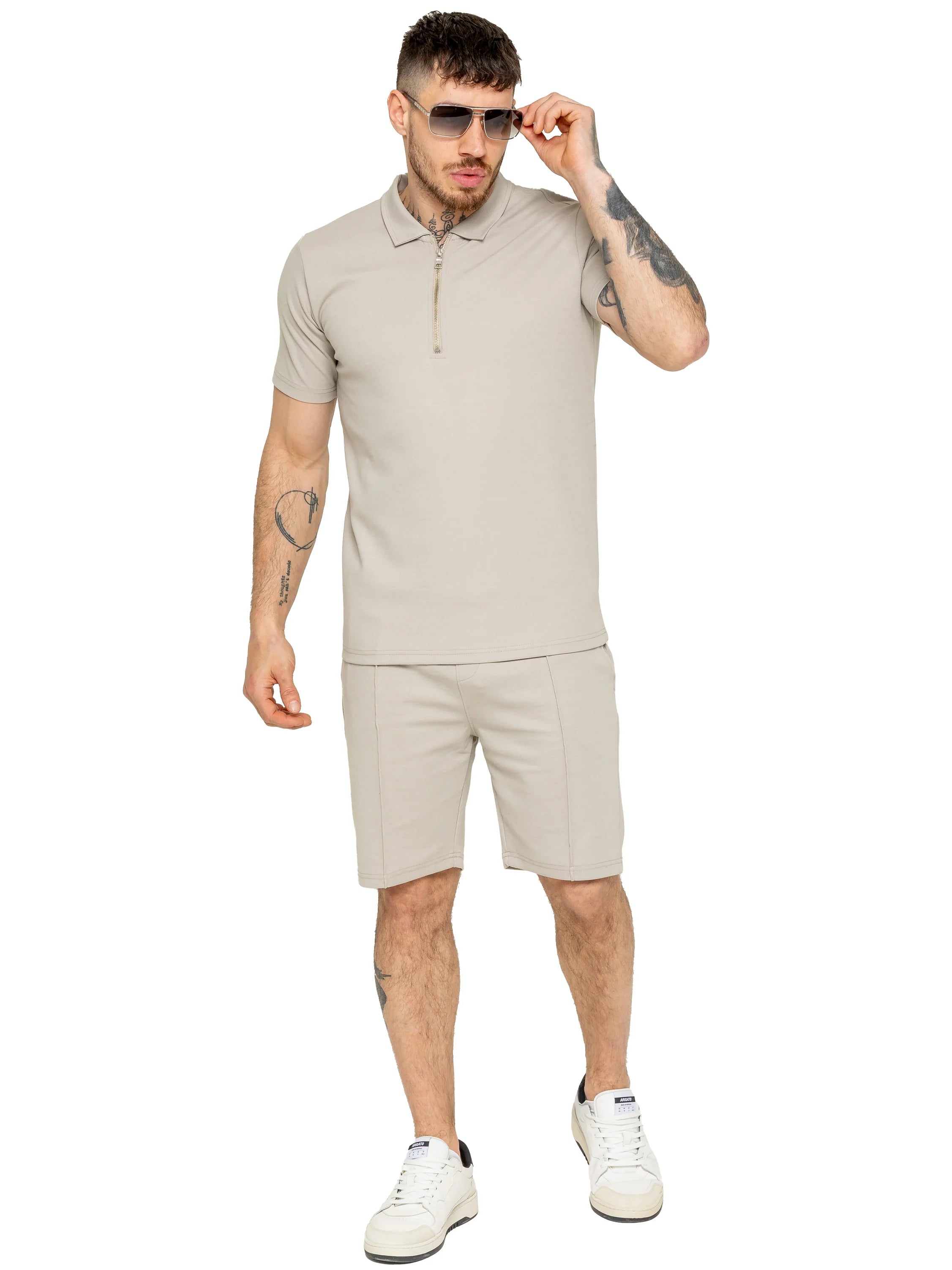 Muscle Fit Zip Polo Beige T-Shirt