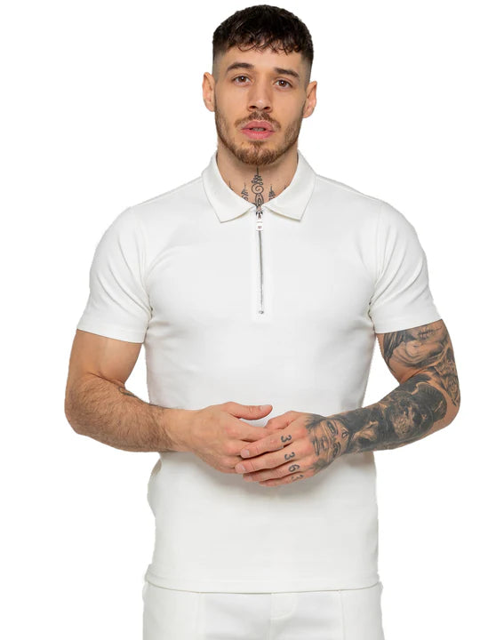 Muscle Fit Zip Polo White T-Shirt