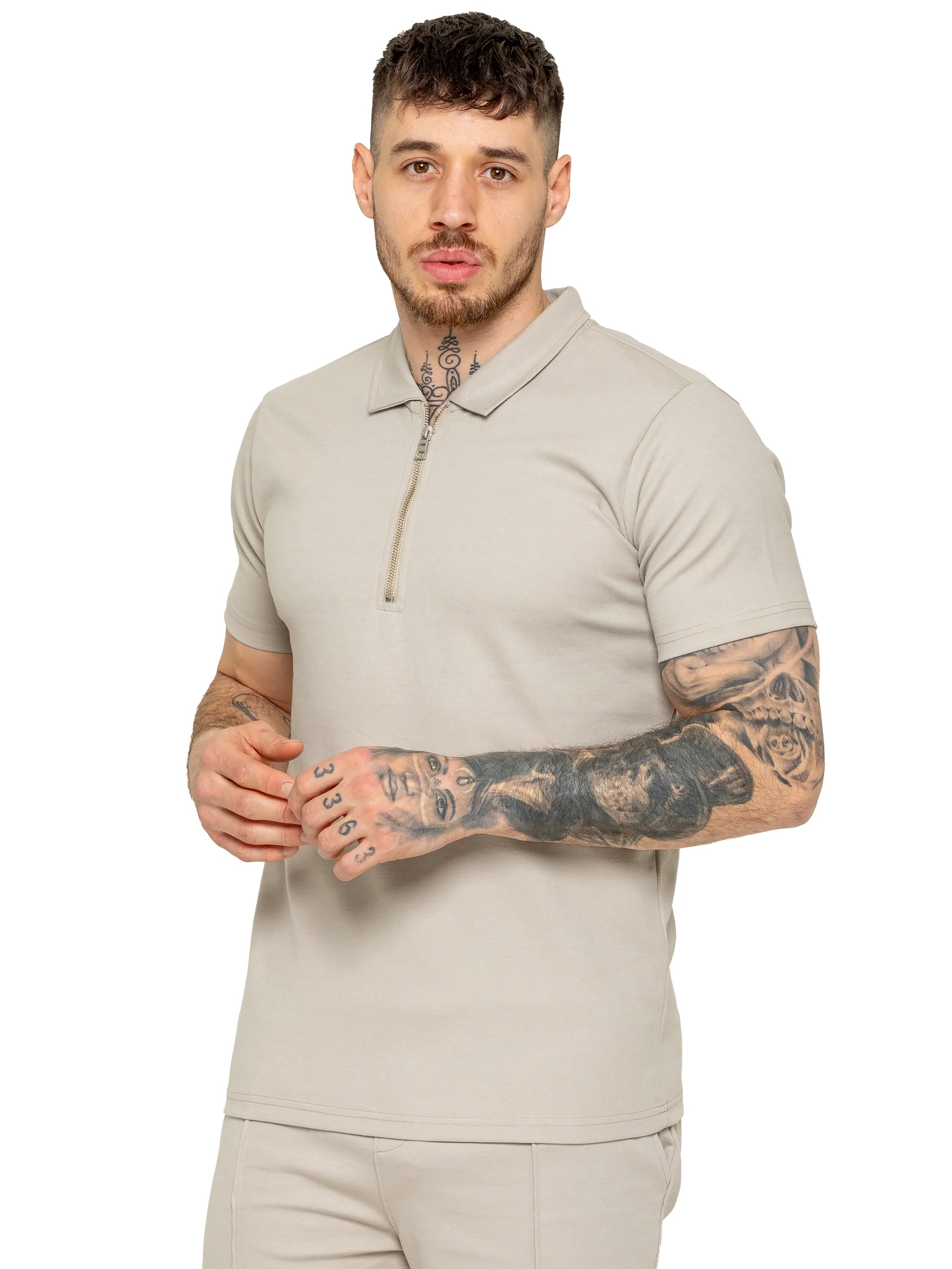 Muscle Fit Zip Polo Beige T-Shirt