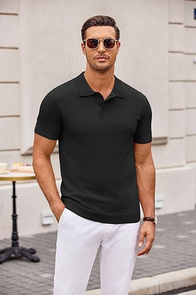 Mens Black Knitted Polo T-Shirt