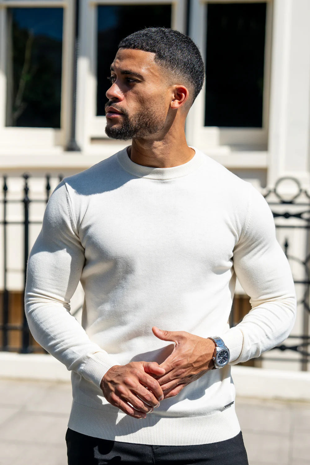 Mens Beige Crewneck Knit Sweater