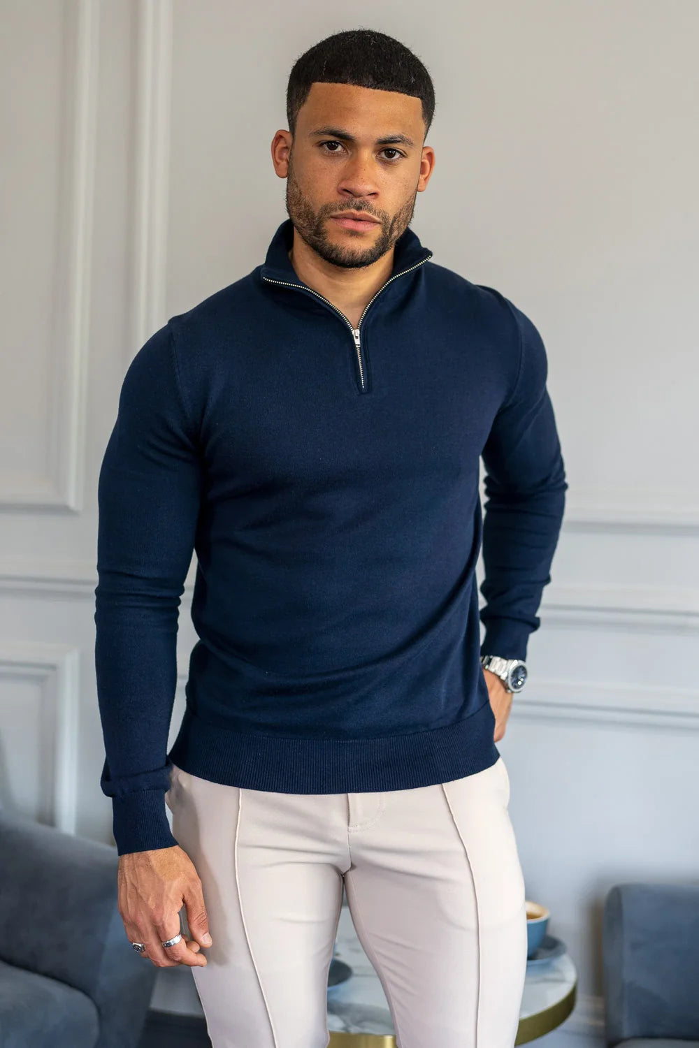 Men's Navy Zip Neck Jumper