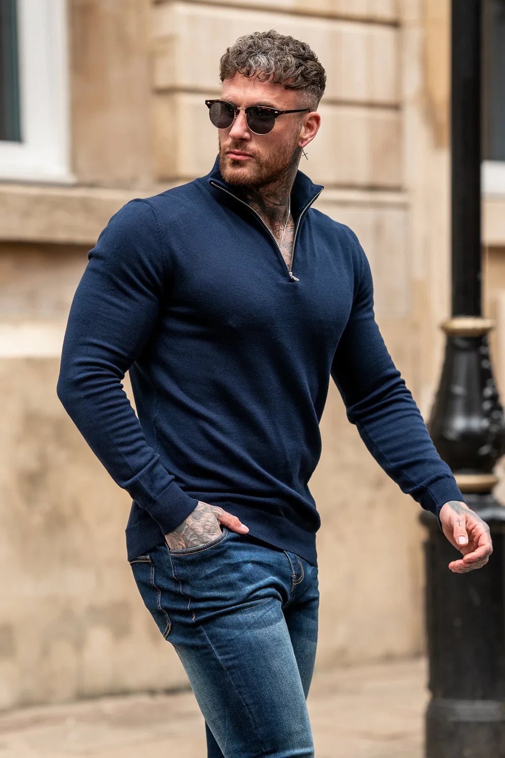 Men's Navy Zip Neck Jumper