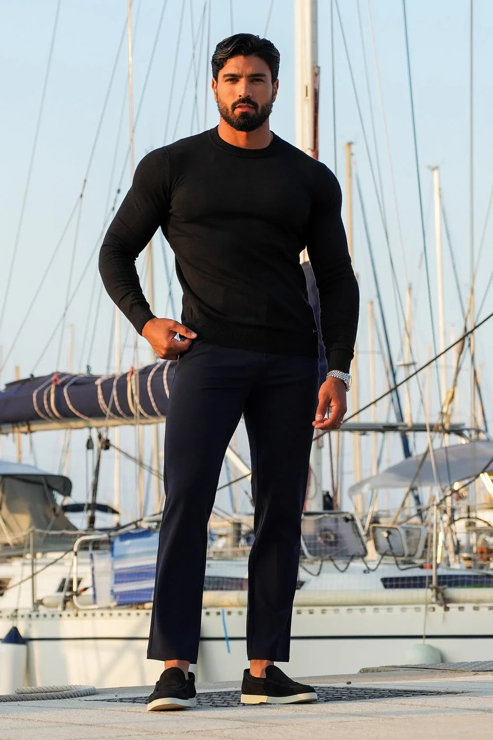 Mens Black Crewneck Knit Sweater