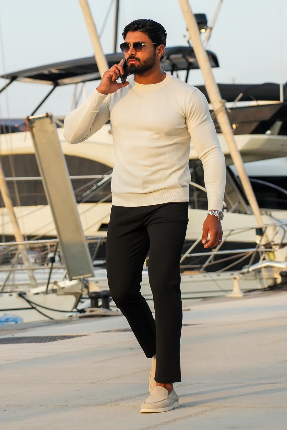 Mens Beige Crewneck Knit Sweater